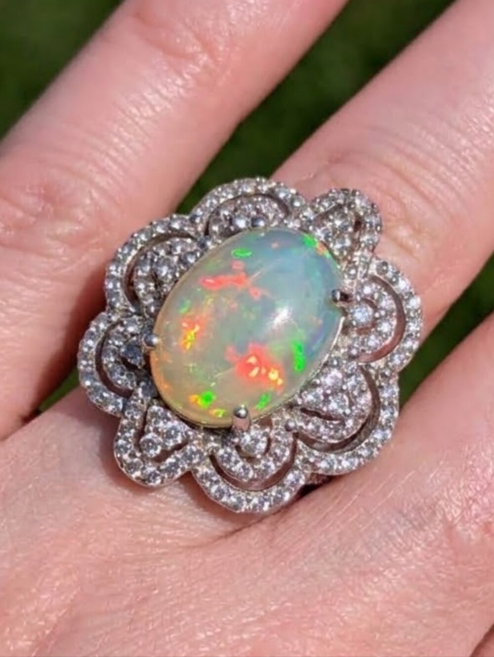 9.45ctw (16x12mm) Opal & Cambodian Zircon Ring Platinum Plated 925 Silver